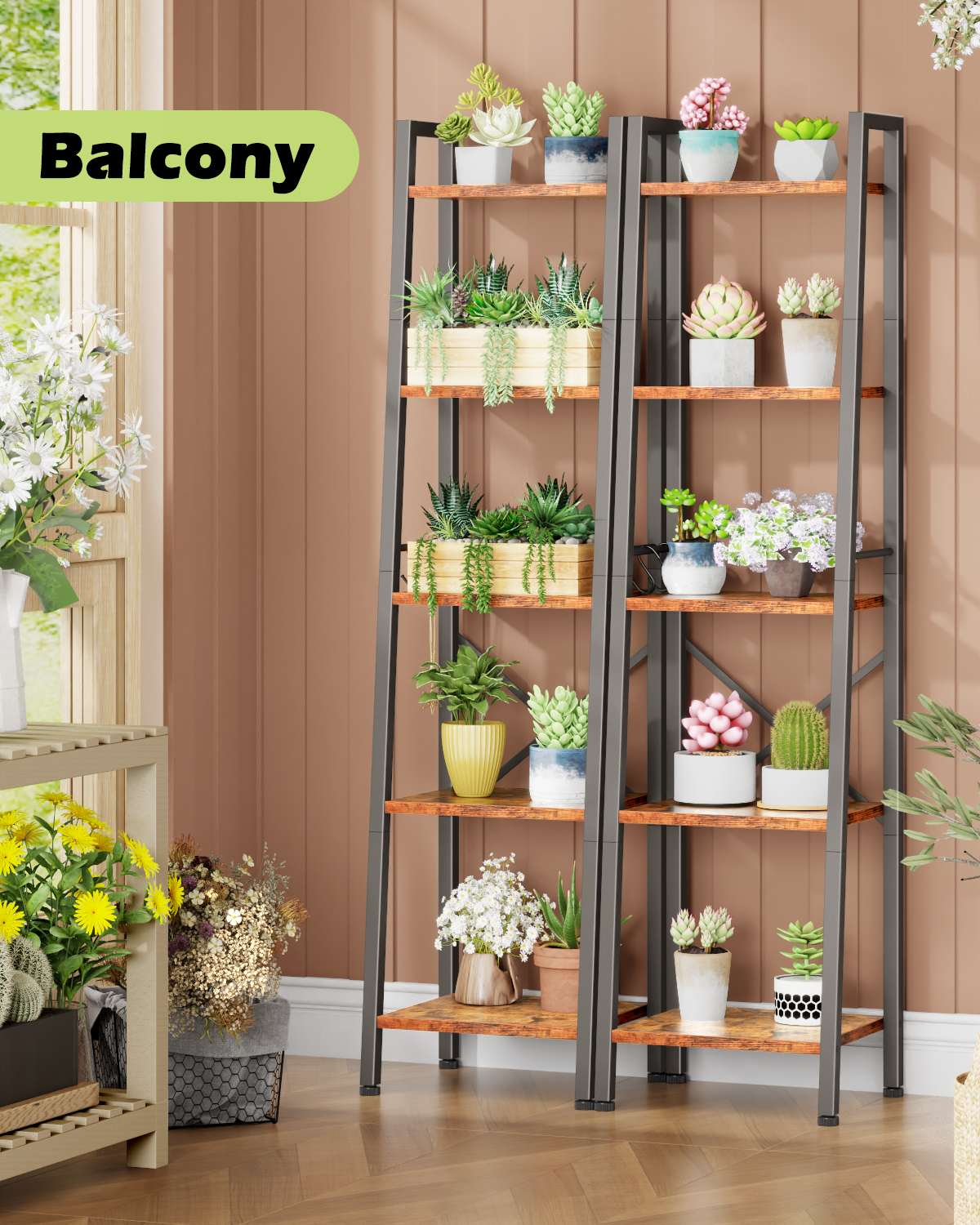 Furologee Ladder Bookshelf, Tall Narrow Metal & Wood Bookcase with Hooks, Rustic Brown Leaning Shelf for Living Room, Bedroom, Bathroom, Kitchen
