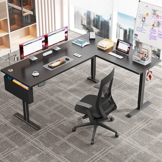 Furologee L Shaped Desk Height Adjustable, 63" Electric Standing Desk with Memory Presets, Reversible Computer Desk for Home Office, Work, Study, Dorm, Black