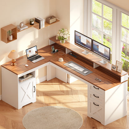 Furologee 63" Farmhouse L Shaped Desk with 3 Wooden Drawers, Printer Shelf, Corner Home Office Desk with Storage Cabinet, Monitor Stand, Power Outlets, Computer Table with Open Shelf, Brown and White