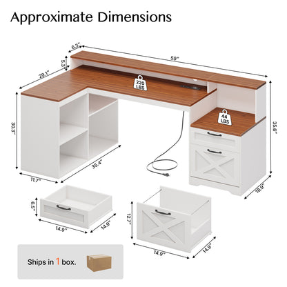 Furologee 59" Farmhouse L Shaped Desk with Printer Shelf, Storage Cabinet, Computer Desk with Power Outlets, Home Office Workstation with Wooden Drawers and Monitor Stand, Brown and White
