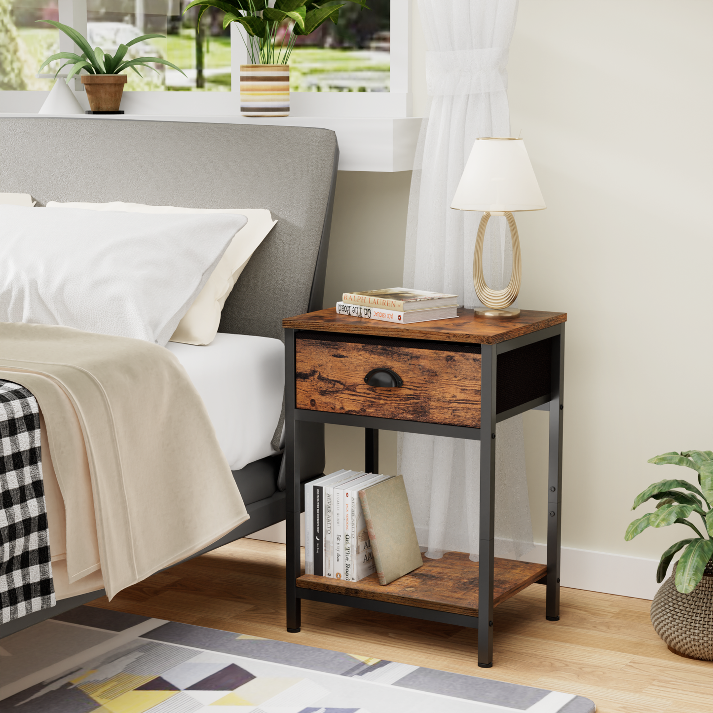 Furologee End Table with Storage Shelf and Fabric Drawer