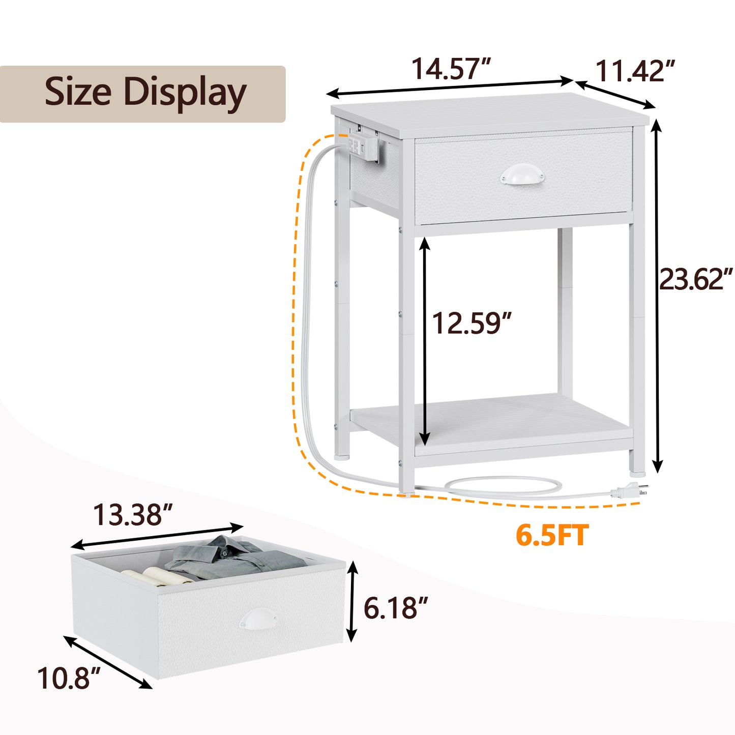 Furologee End Table with Storage Shelf and Fabric Drawer