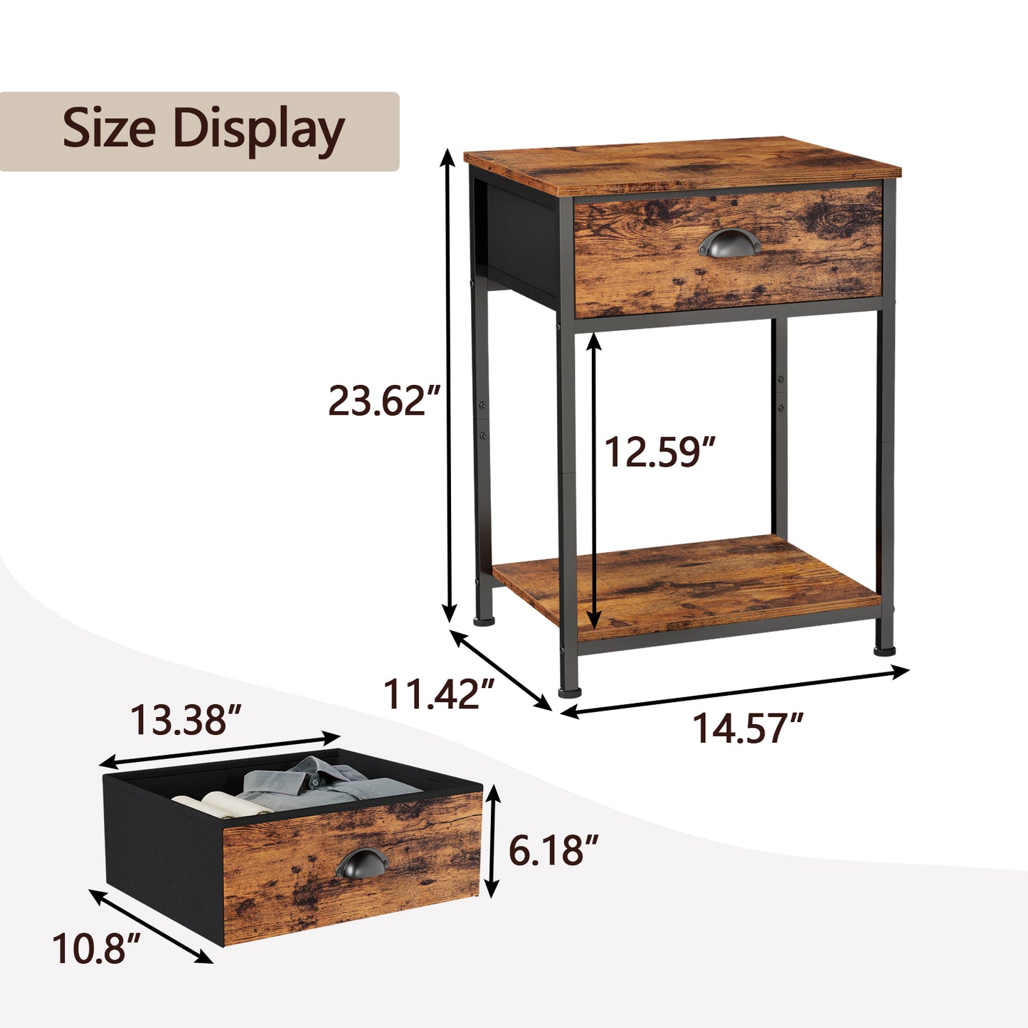 Furologee End Table with Storage Shelf and Fabric Drawer