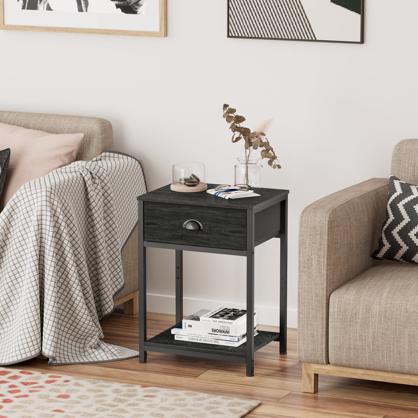 Furologee End Table with Storage Shelf and Fabric Drawer