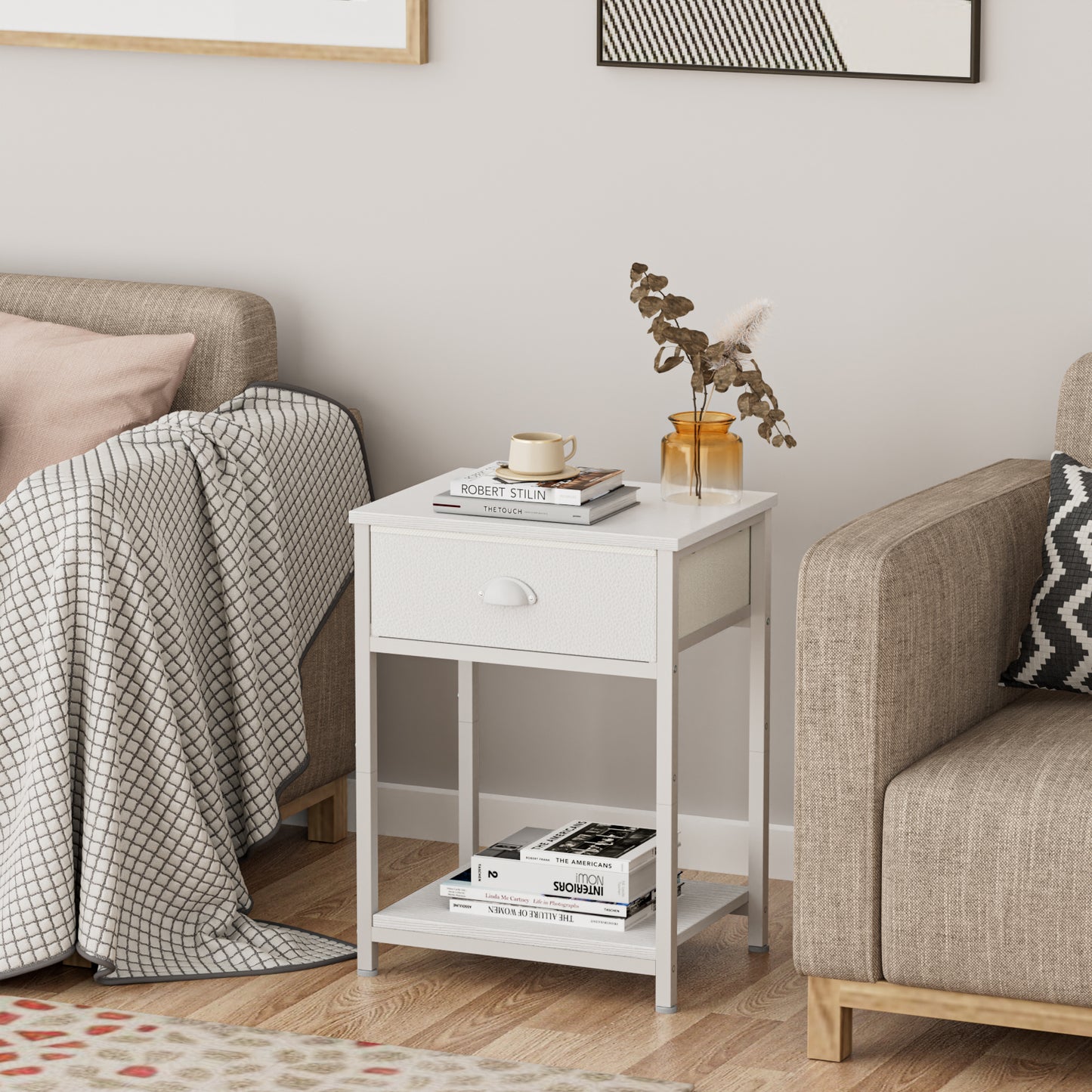 Furologee End Table with Storage Shelf and Fabric Drawer