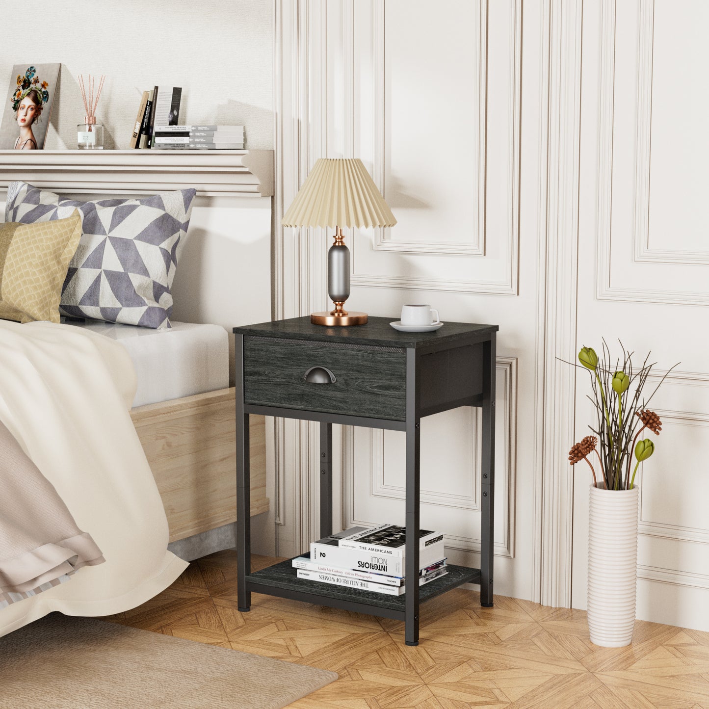 Furologee End Table with Storage Shelf and Fabric Drawer