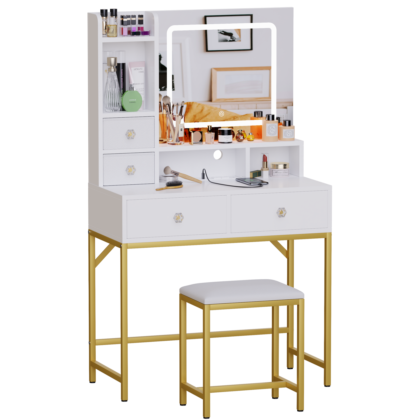 Furologee Makeup Desk with 4 Drawers and Power Outlet