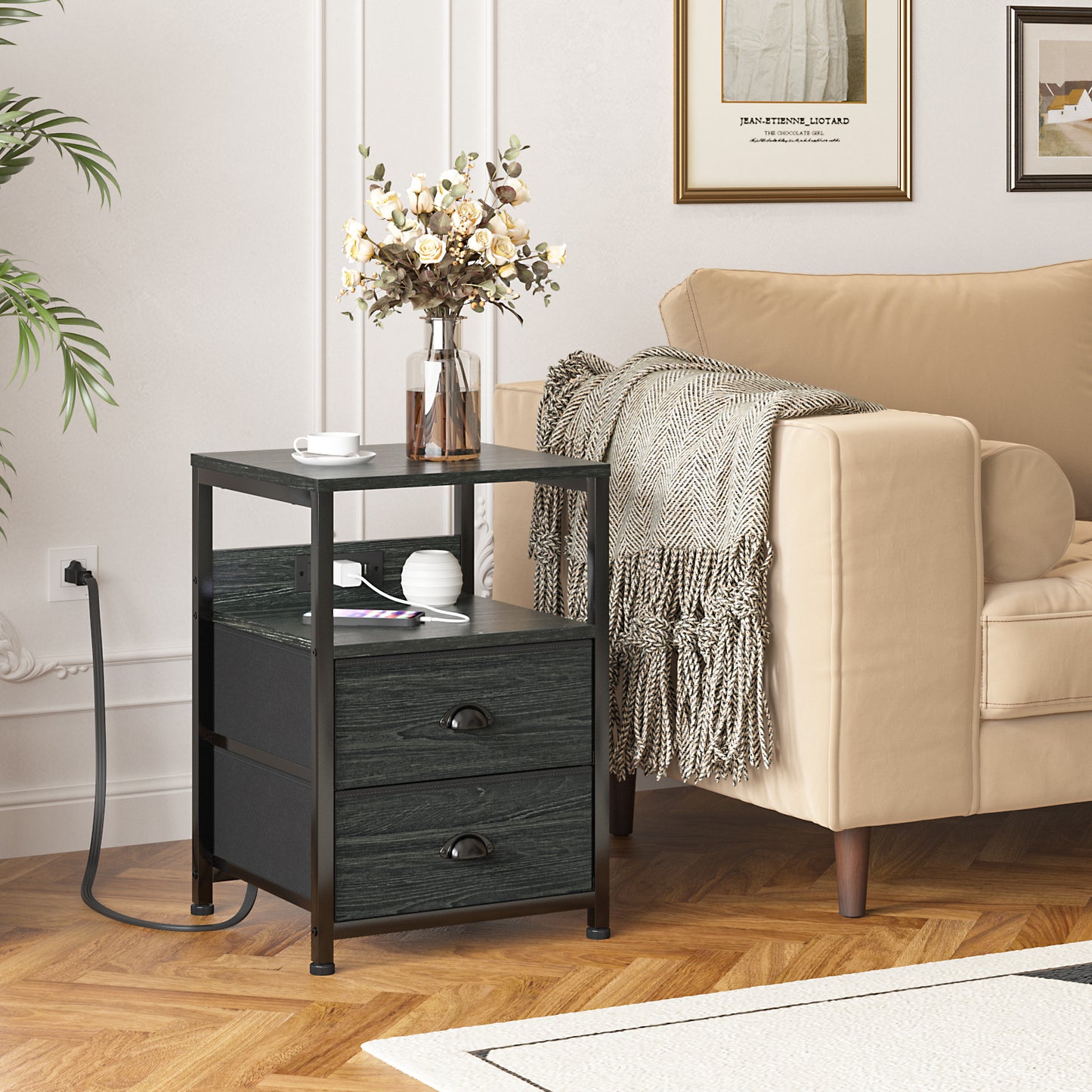 Furologee Set of 2 Nightstands, End Table with Charging Station