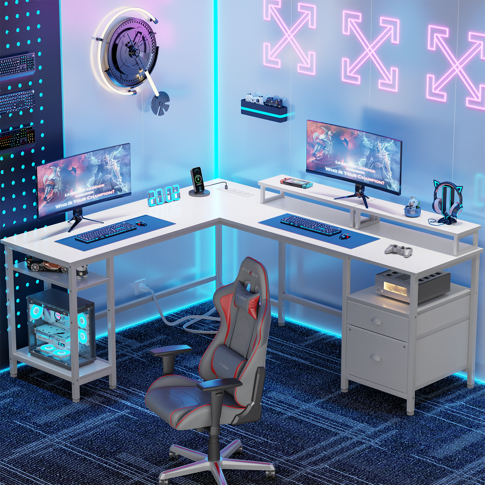 Furologee White 66” L Shaped Gaming Desk with Power Outlet
