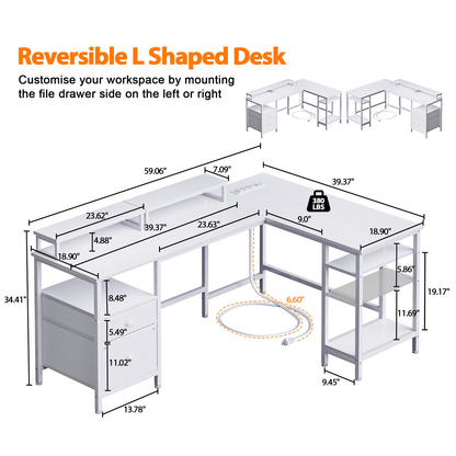 Furologee White 66” L Shaped Desk with Power Outlet