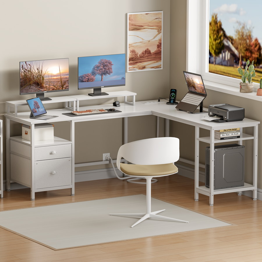 Furologee White 66” L Shaped Desk with Power Outlet