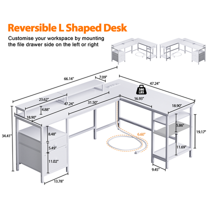 Furologee White 66” L Shaped Desk with Power Outlet