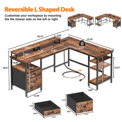 Furologee White 66” L Shaped Desk with Power Outlet