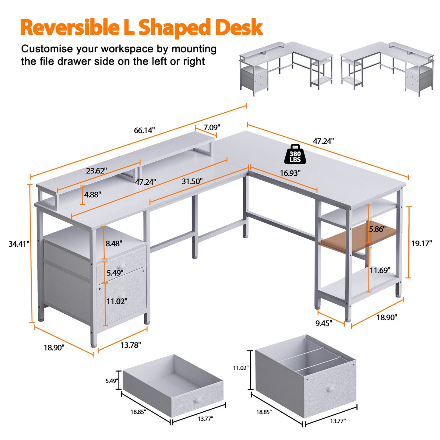 Furologee White 66” L Shaped Desk