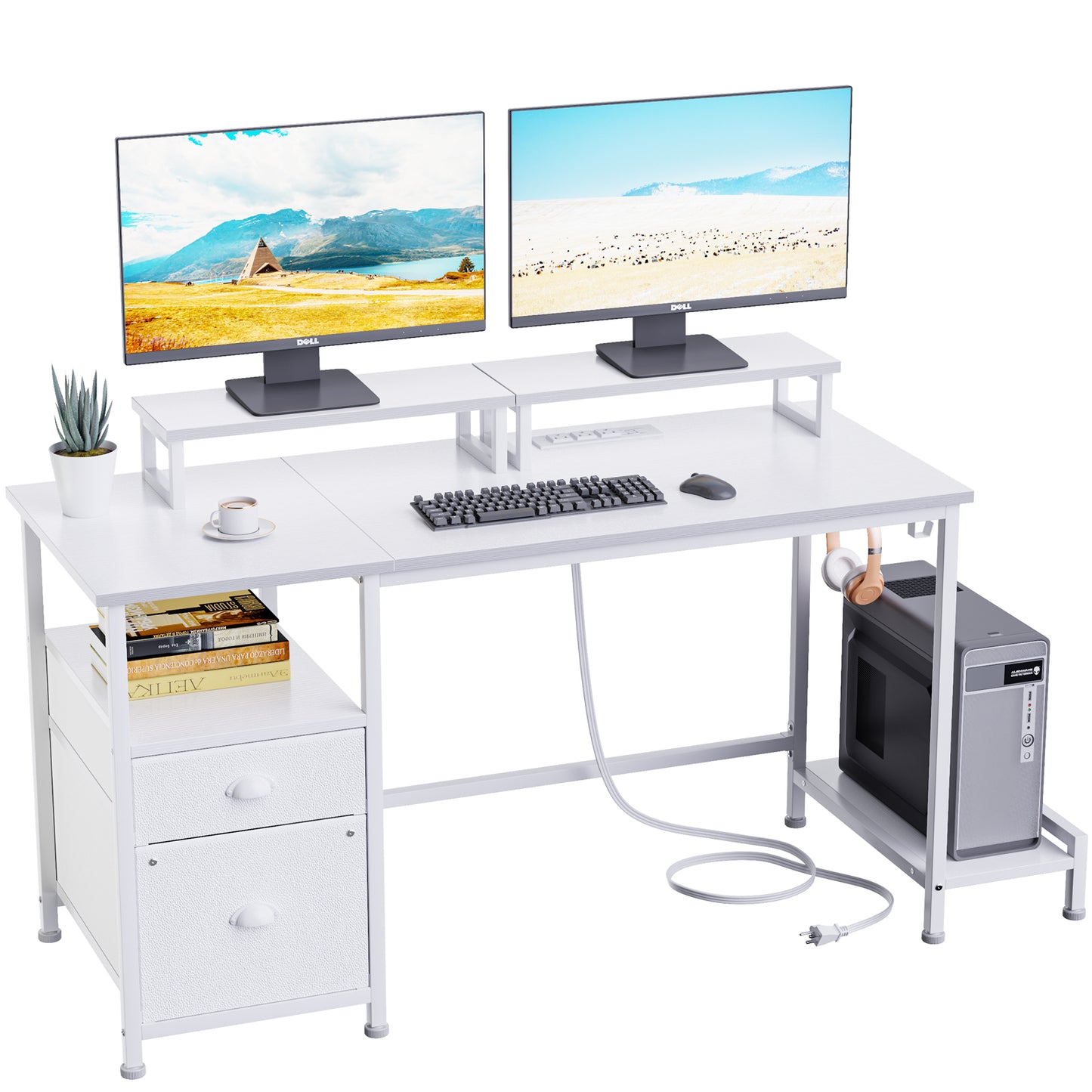 Furologee White Computer Desk with Drawer and Power Outlets