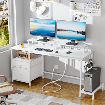 Furologee White Computer Desk with Drawer and Power Outlets