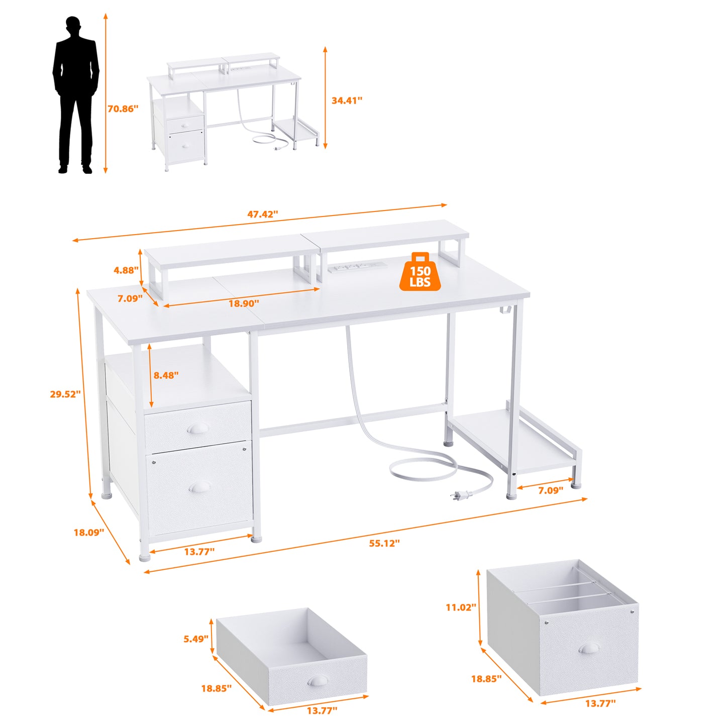 Furologee White Computer Desk with Drawer and Power Outlets