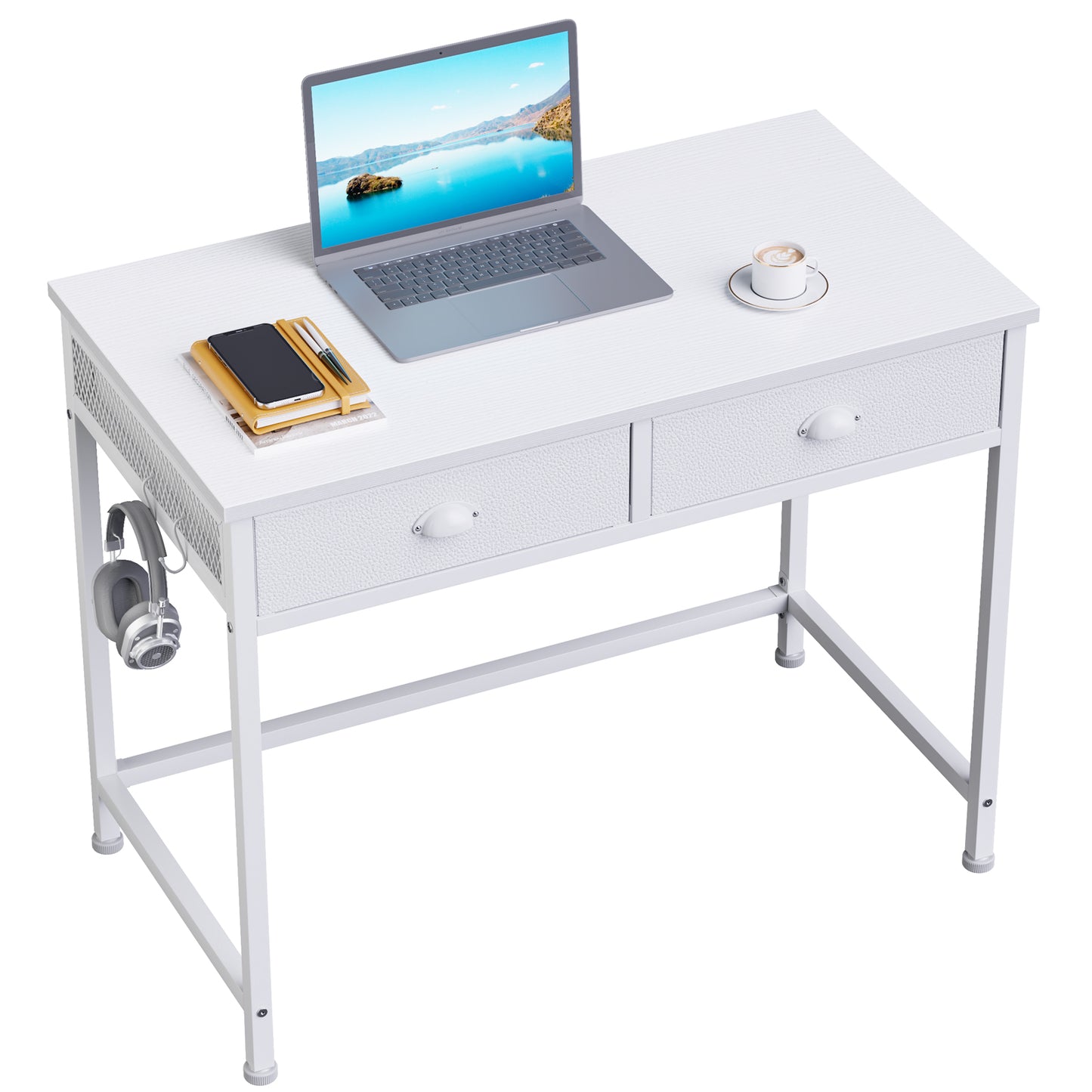 Furologee White Small Computer Desk with Fabric Drawers