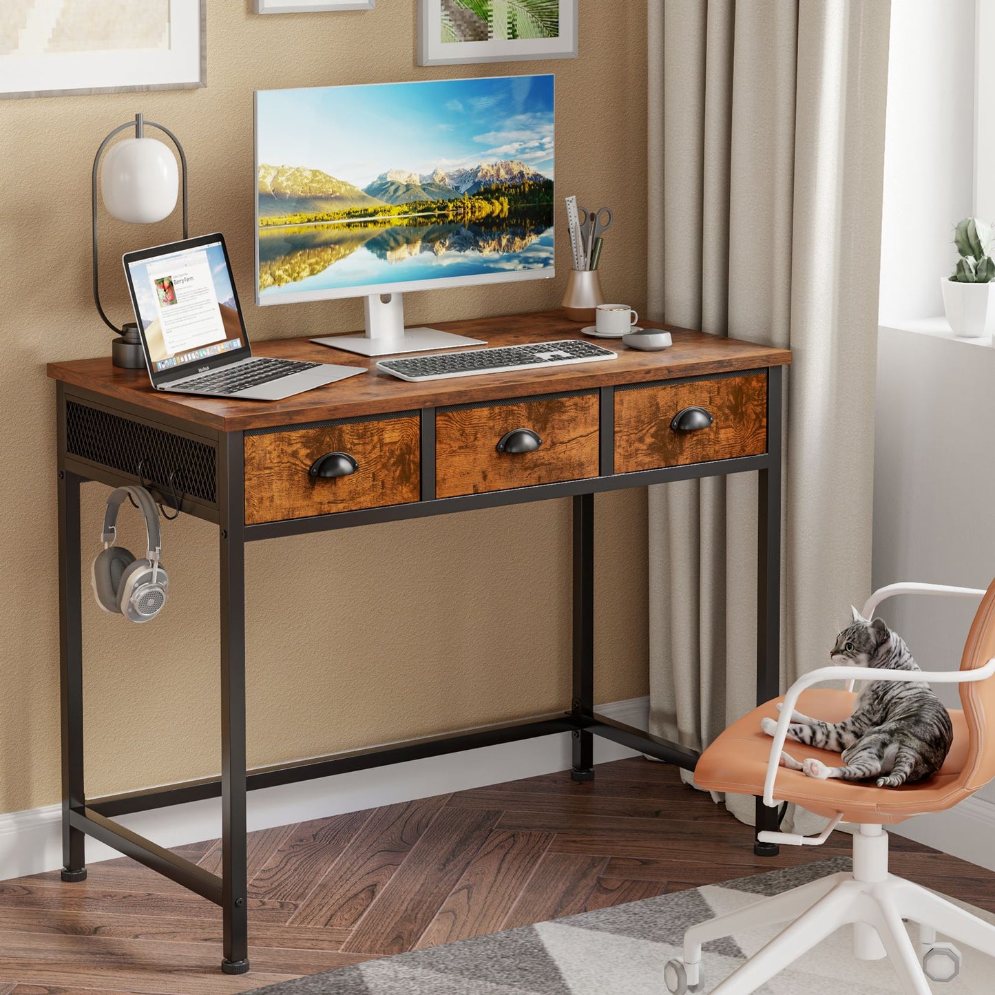 Furologee White Small Computer Desk with Fabric Drawers