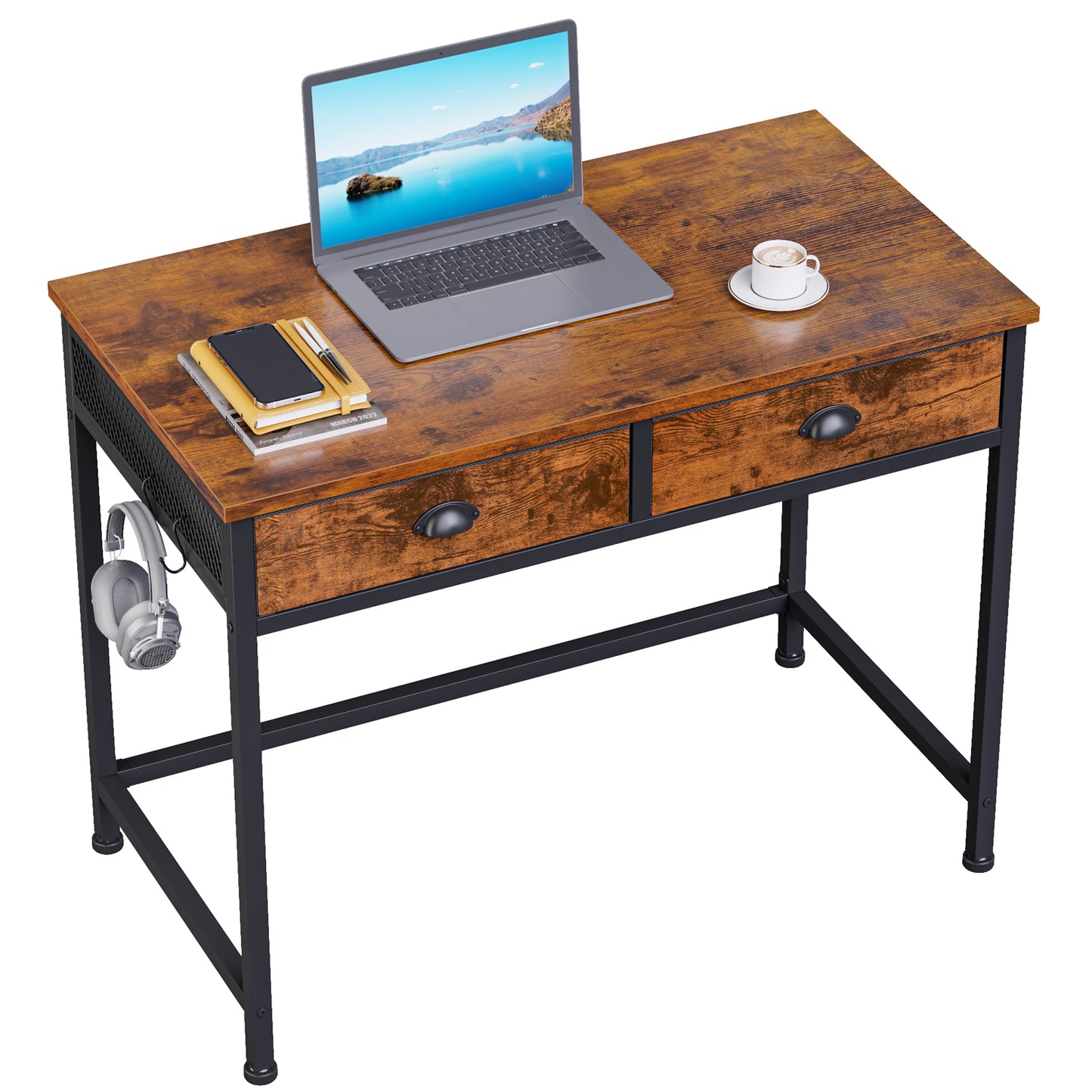 Furologee White Small Computer Desk with Fabric Drawers