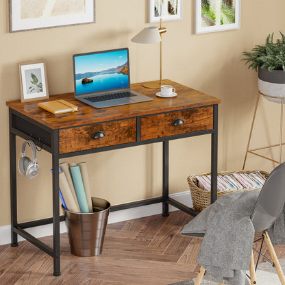 Furologee White Small Computer Desk with Fabric Drawers