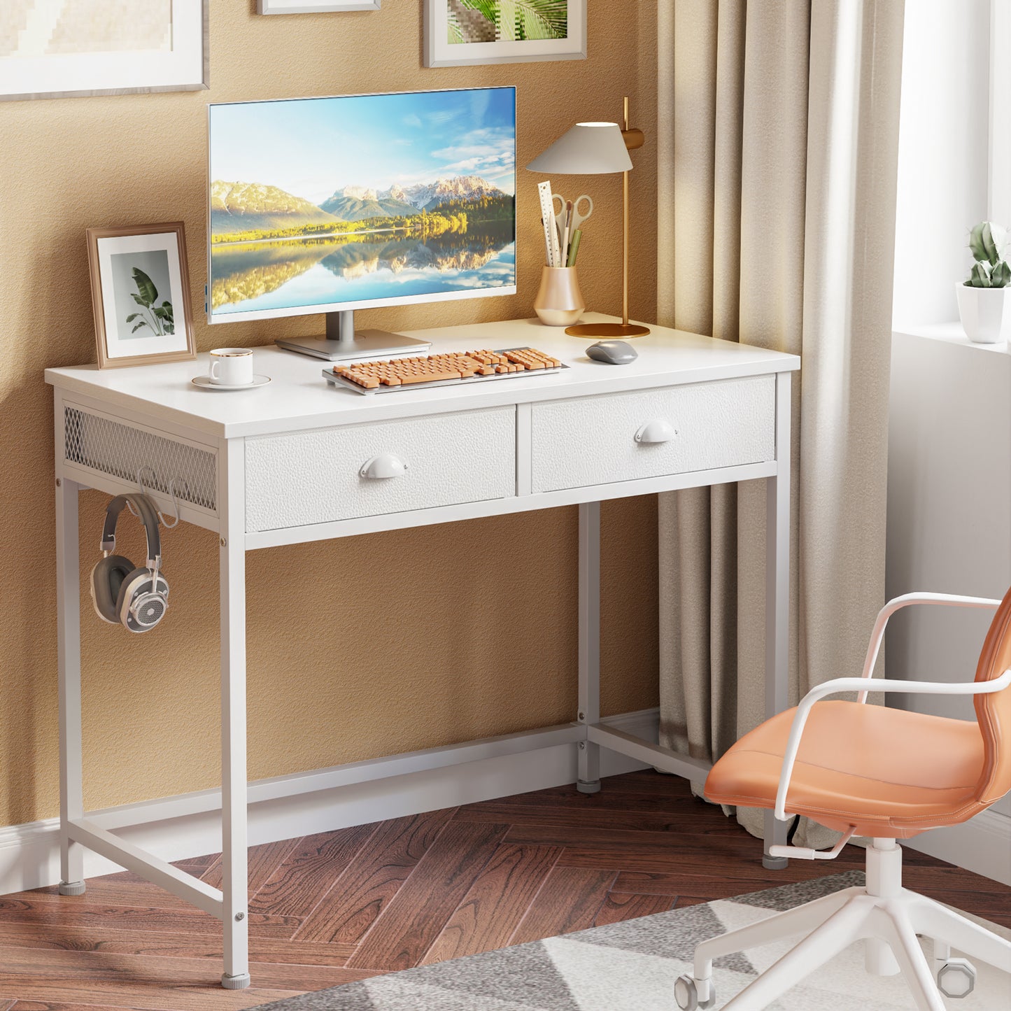 Furologee White Small Computer Desk with Fabric Drawers