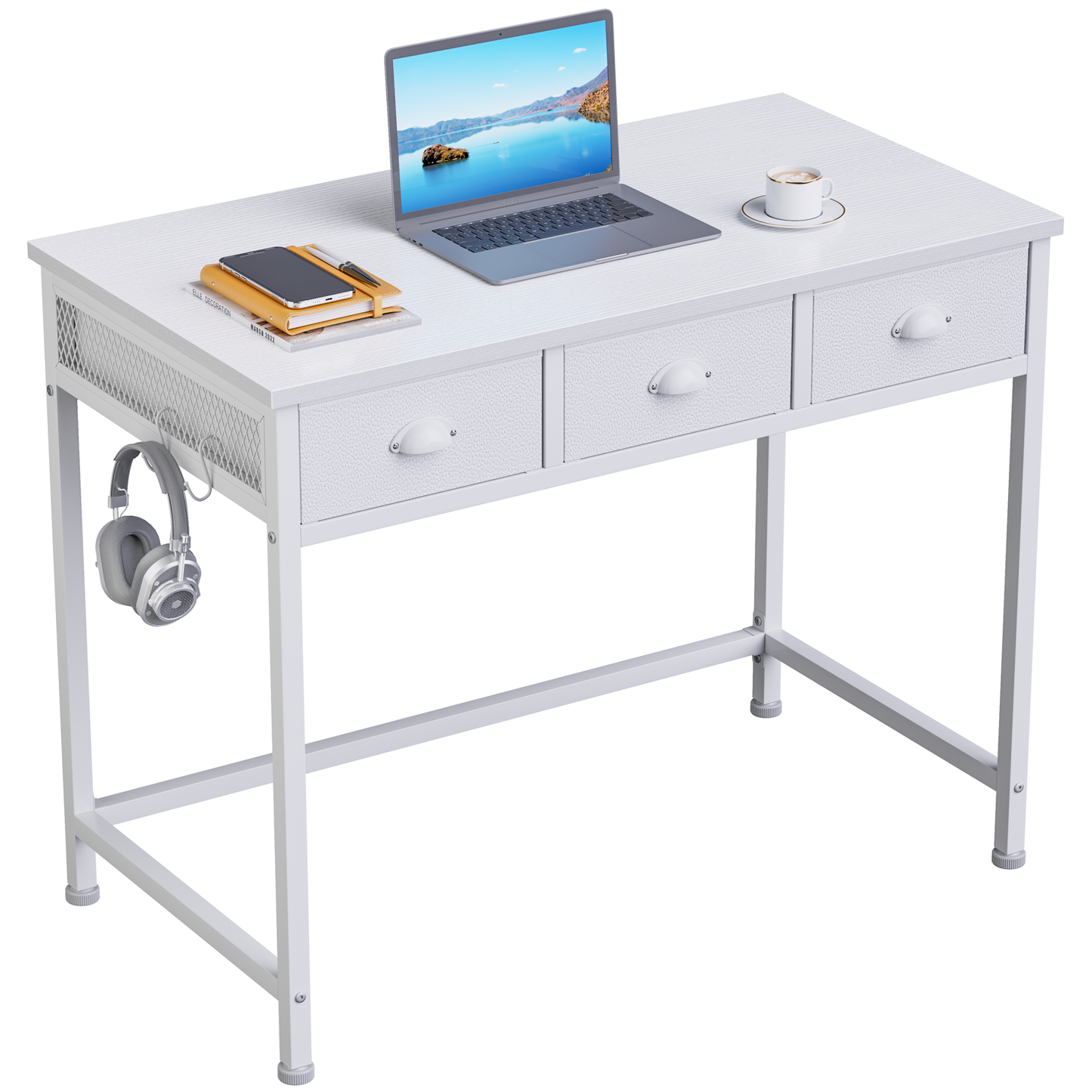 Furologee White Small Computer Desk with Fabric Drawers