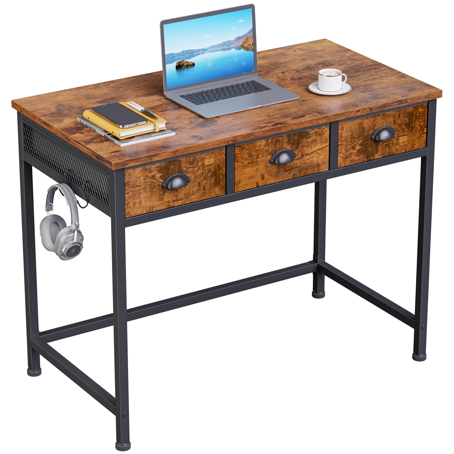 Furologee White Small Computer Desk with Fabric Drawers