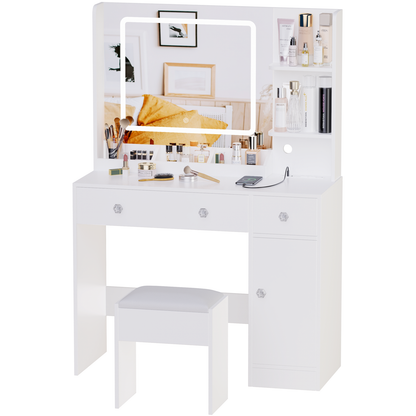 Furologee White Vanity Desk with Mirror and Lights