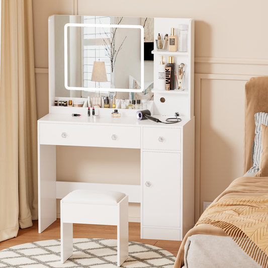 Furologee White Vanity Desk with Mirror and Lights