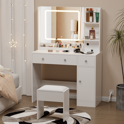 Furologee White Vanity Desk with Mirror and Lights