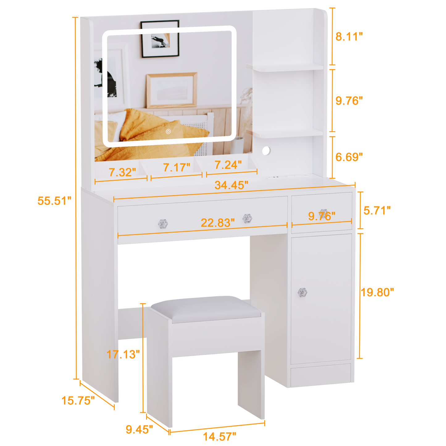 Furologee White Vanity Desk with Mirror and Lights