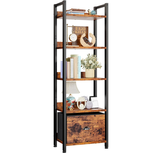 Furologee 5 Tier Bookshelf with Drawer, Tall Narrow Bookcase, Rustic Brown, 55.5'' Industrial Display Shelf, Space-Saving Storage Rack for Bedroom, Living Room, Office, Bathroom, Holds 30lbs per tier