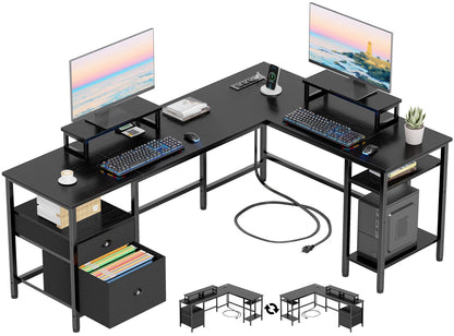 Furologee 66 Inch L Shaped Desk with 2 Drawers and Power Outlet, Black

Reversible Computer Home Office Desk, 2 Monitor Stands, Fabric File Cabinet, Storage Shelves for Corner Gaming Working Table