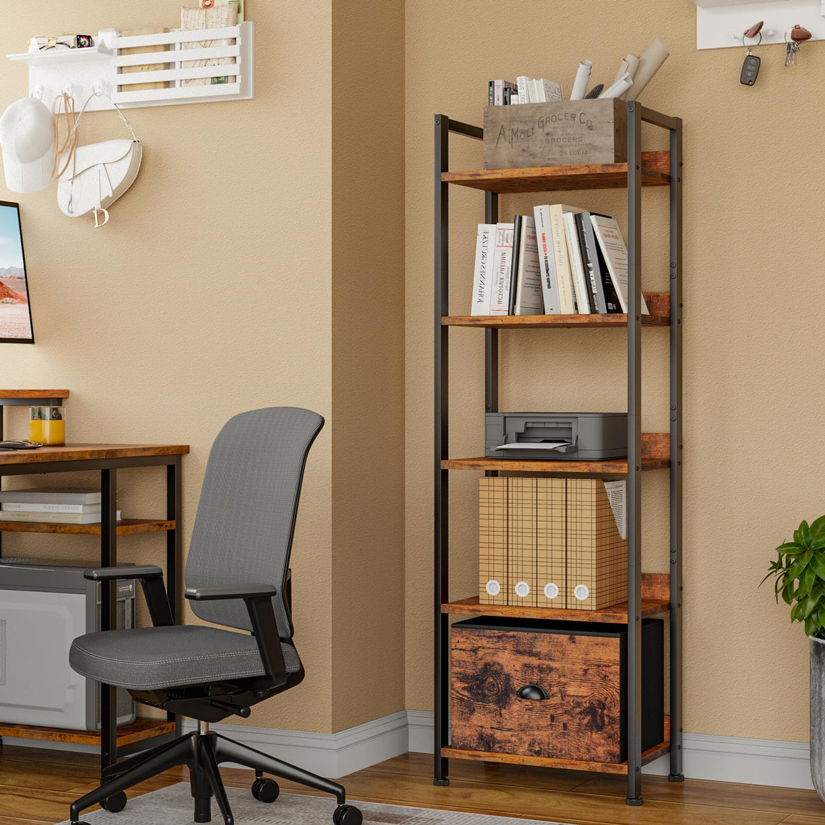 Furologee 5 Tier Bookshelf with Drawer, Tall Narrow Bookcase, Rustic Brown, 55.5'' Industrial Display Shelf, Space-Saving Storage Rack for Bedroom, Living Room, Office, Bathroom, Holds 30lbs per tier