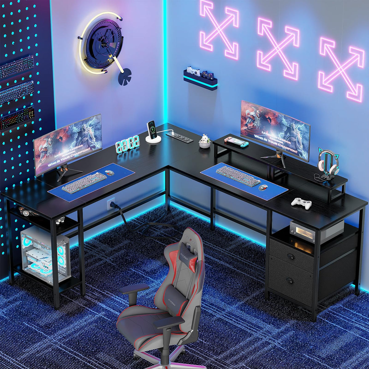 Furologee 66 Inch L Shaped Desk with 2 Drawers and Power Outlet, Black

Reversible Computer Home Office Desk, 2 Monitor Stands, Fabric File Cabinet, Storage Shelves for Corner Gaming Working Table