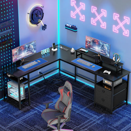 Furologee 66 Inch L Shaped Desk with 2 Drawers and Power Outlet, Black

Reversible Computer Home Office Desk, 2 Monitor Stands, Fabric File Cabinet, Storage Shelves for Corner Gaming Working Table