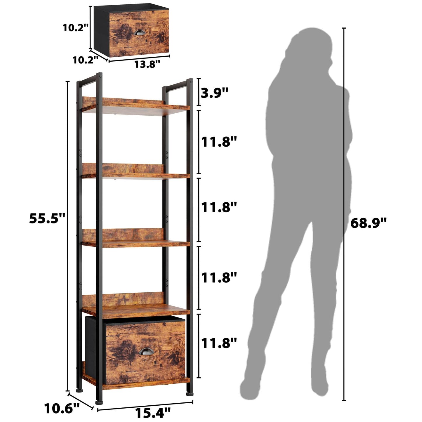 Furologee 5 Tier Bookshelf with Drawer, Tall Narrow Bookcase, Rustic Brown, 55.5'' Industrial Display Shelf, Space-Saving Storage Rack for Bedroom, Living Room, Office, Bathroom, Holds 30lbs per tier