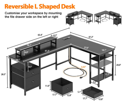 Furologee 66 Inch L Shaped Desk with 2 Drawers and Power Outlet, Black

Reversible Computer Home Office Desk, 2 Monitor Stands, Fabric File Cabinet, Storage Shelves for Corner Gaming Working Table