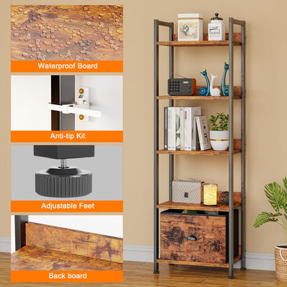 Furologee 5 Tier Bookshelf with Drawer, Tall Narrow Bookcase, Rustic Brown, 55.5'' Industrial Display Shelf, Space-Saving Storage Rack for Bedroom, Living Room, Office, Bathroom, Holds 30lbs per tier