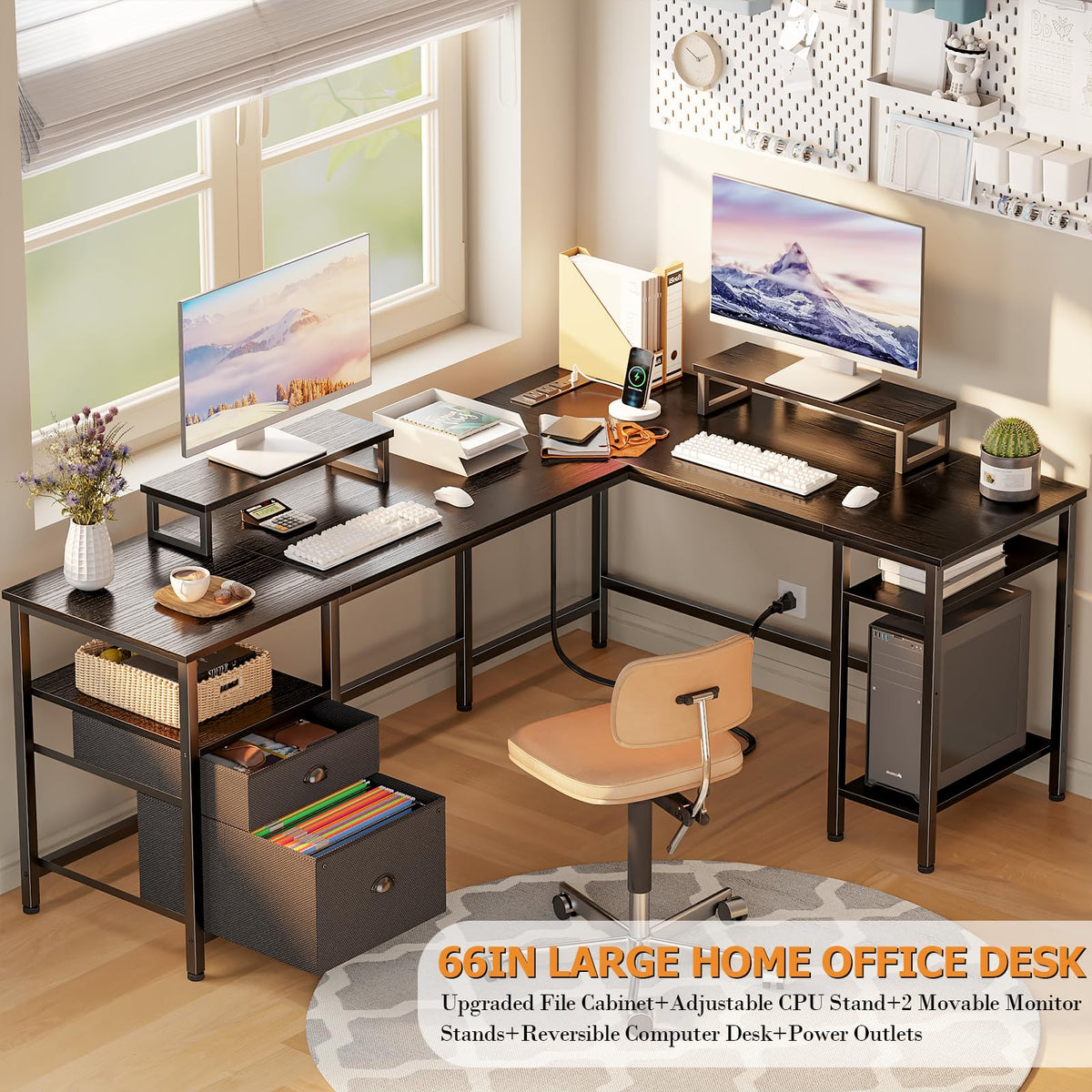 Furologee 66 Inch L Shaped Desk with 2 Drawers and Power Outlet, Black

Reversible Computer Home Office Desk, 2 Monitor Stands, Fabric File Cabinet, Storage Shelves for Corner Gaming Working Table