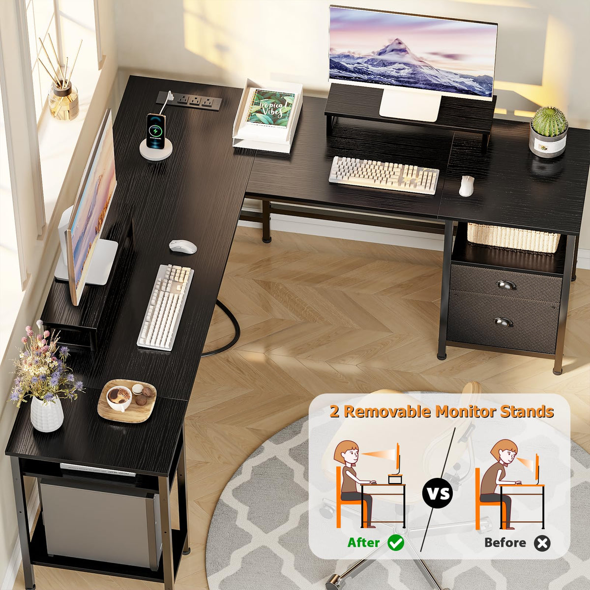 Furologee 66 Inch L Shaped Desk with 2 Drawers and Power Outlet, Black

Reversible Computer Home Office Desk, 2 Monitor Stands, Fabric File Cabinet, Storage Shelves for Corner Gaming Working Table