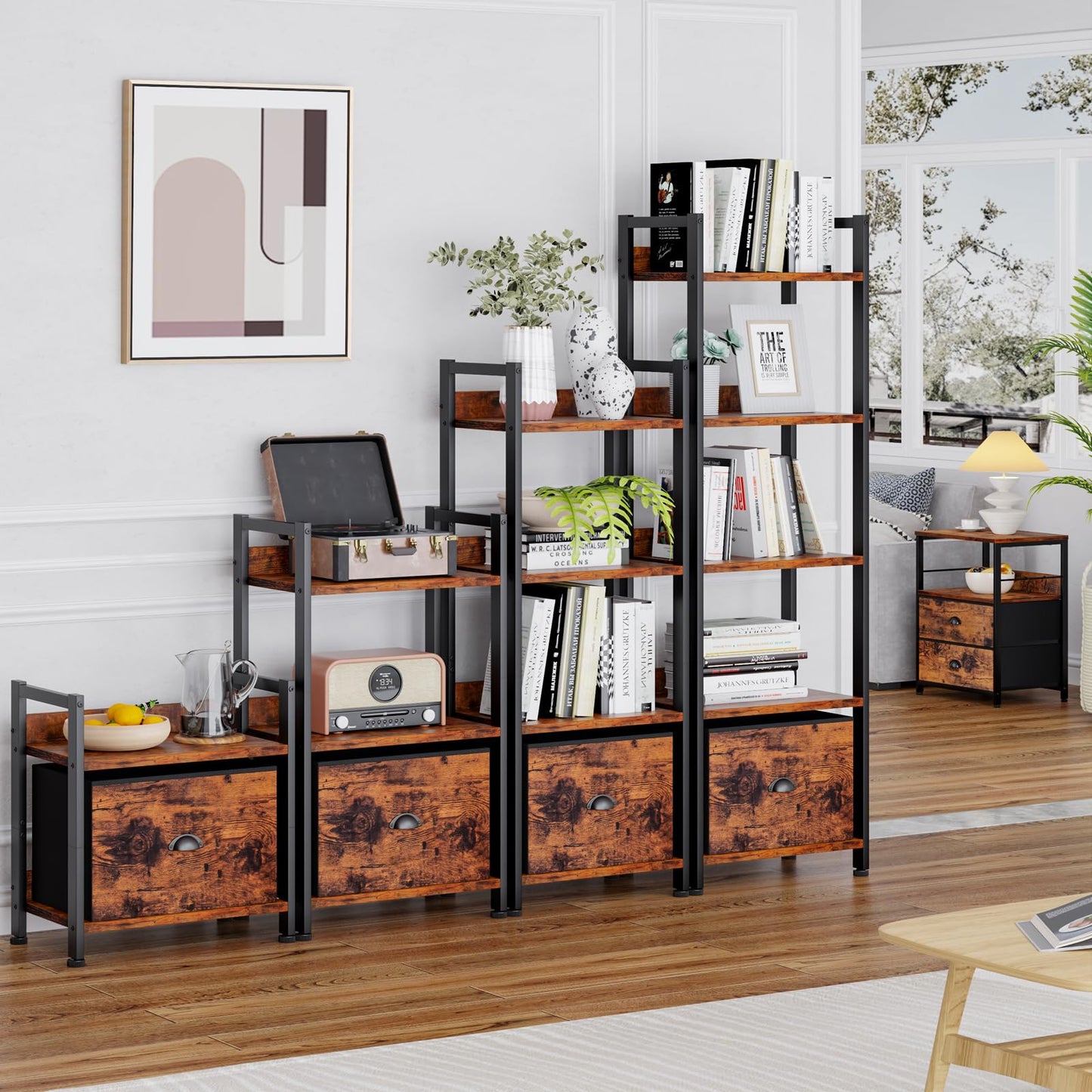 Furologee 5 Tier Bookshelf with Drawer, Tall Narrow Bookcase, Rustic Brown, 55.5'' Industrial Display Shelf, Space-Saving Storage Rack for Bedroom, Living Room, Office, Bathroom, Holds 30lbs per tier
