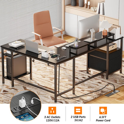 Furologee 66 Inch L Shaped Desk with 2 Drawers and Power Outlet, Black

Reversible Computer Home Office Desk, 2 Monitor Stands, Fabric File Cabinet, Storage Shelves for Corner Gaming Working Table