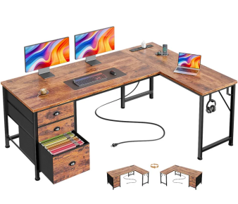 Furologee 63 Inch L Shaped Office Desk with Power Outlets & USB-C Ports, Computer Corner Desk with File Cabinet & Drawers, Reversible Work Table for Home Office Gaming, Rustic Brown