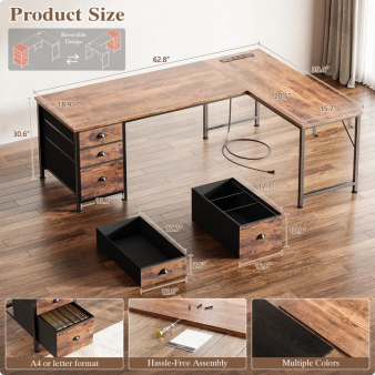 Furologee 63 Inch L Shaped Office Desk with Power Outlets & USB-C Ports, Computer Corner Desk with File Cabinet & Drawers, Reversible Work Table for Home Office Gaming, Rustic Brown