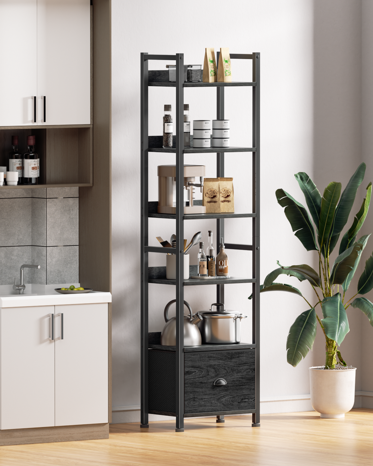 6 Tier Bookshelf, Tall Narrow Shelf with Drawer, Wood and Metal Bookshelves Storage Organizer, Industrial Display Shelving Unit for Bedroom, Living Room, Home Office