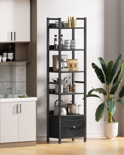 6 Tier Bookshelf, Tall Narrow Shelf with Drawer, Wood and Metal Bookshelves Storage Organizer, Industrial Display Shelving Unit for Bedroom, Living Room, Home Office