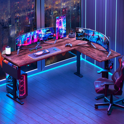 Furologee 63" L Shaped Standing Desk, Adjustable Office Desk, Brown Electric Computer Desk with LED Screen & Memory Presets, Height Adjustable, Reversible Sit Stand Desk for Home Office